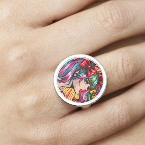 Pretty Pop Art Comic Girl with Bows Ring