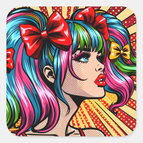Pretty Pop Art Comic Girl with Bows Square Sticker