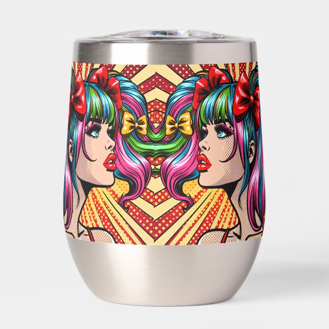 Pretty Pop Art Comic Girl with Bows Thermal Wine Tumbler (Front)