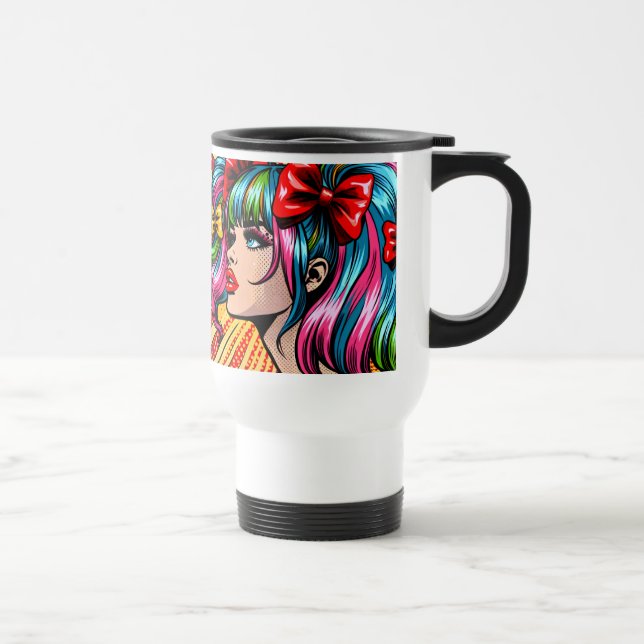 Pretty Pop Art Comic Girl with Bows Travel Mug (Right)