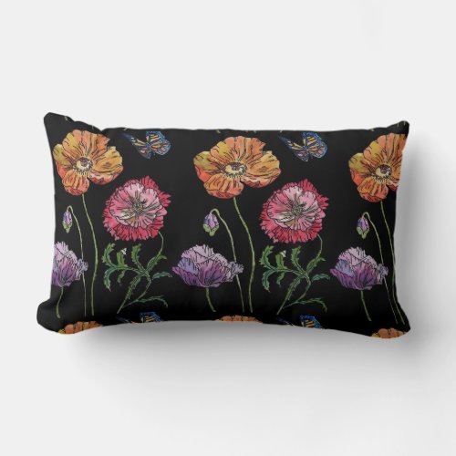 Pretty Poppies Black Watercolour Flowers Floral Cu Lumbar Pillow