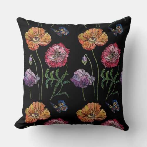 Pretty Poppies Black Watercolour Flowers Floral Throw Pillow