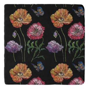 Pretty Poppies Black Watercolour Flowers Floral Trivet