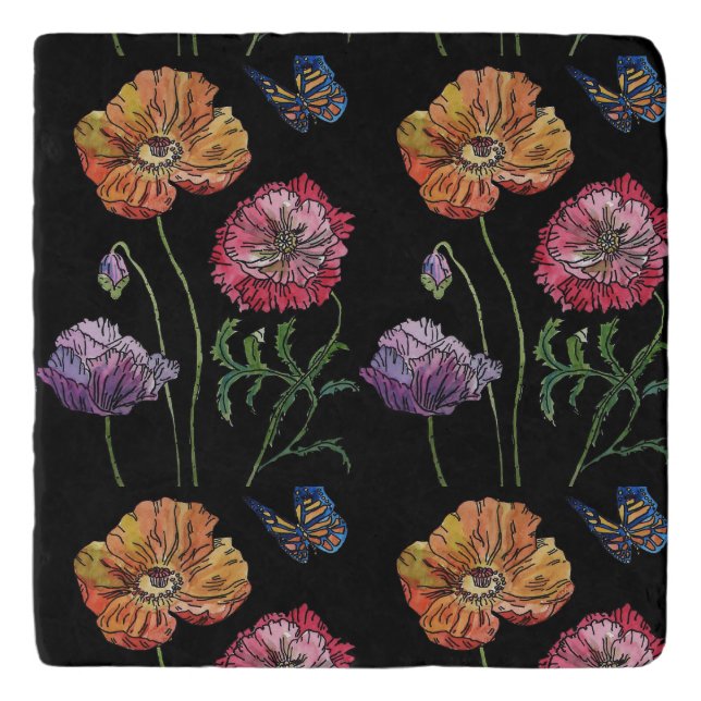 Pretty Poppies Black Watercolour Flowers Floral  Trivet (Front)