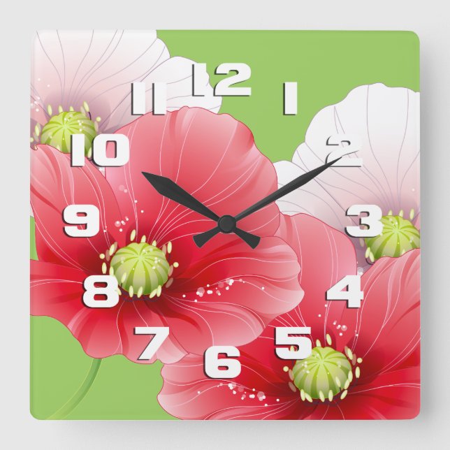 Pretty Poppies Floral Square Wall Clock (Front)
