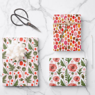 Pretty Poppies Foliage Floral Wrapping Paper Sheets