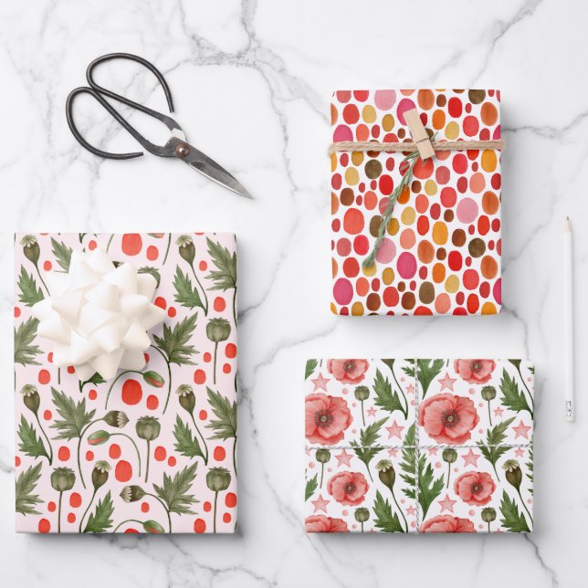 Pretty Poppies Foliage Floral Wrapping Paper Sheets (Front)