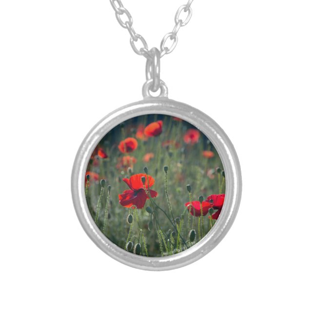 Pretty Poppies in Wild Meadow Photo Silver Plated Necklace (Front)