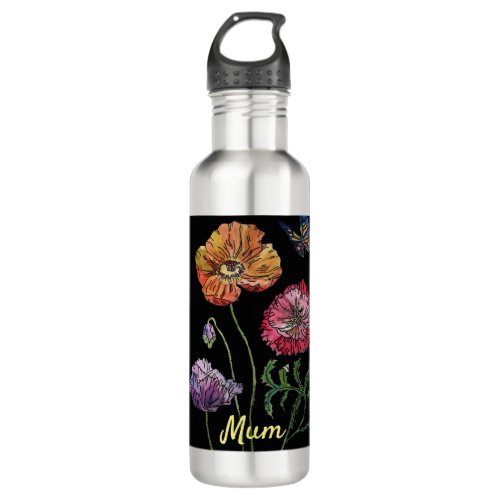 Pretty Poppies on Black Watercolour Painting 710 M Stainless Steel Water Bottle