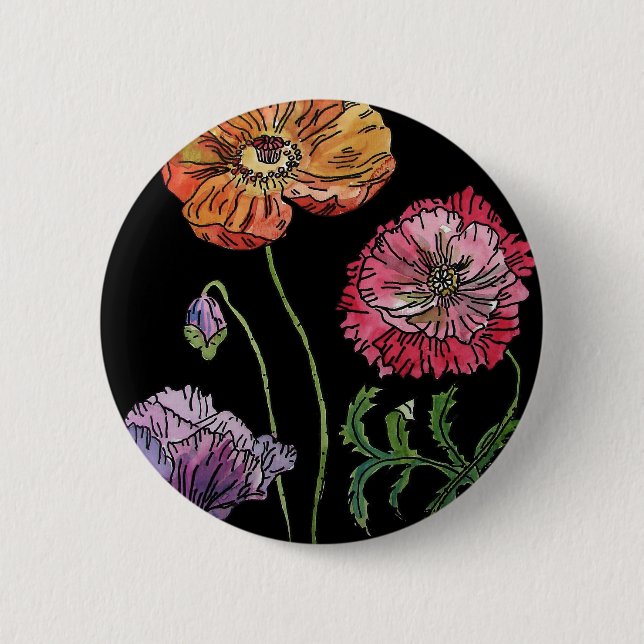 Pretty Poppies on Black Watercolour Painting Button (Front)