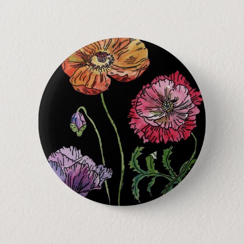 Pretty Poppies on Black Watercolour Painting Button