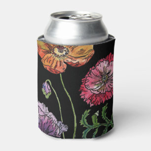 Pretty Poppies on Black Watercolour Painting Can Cooler