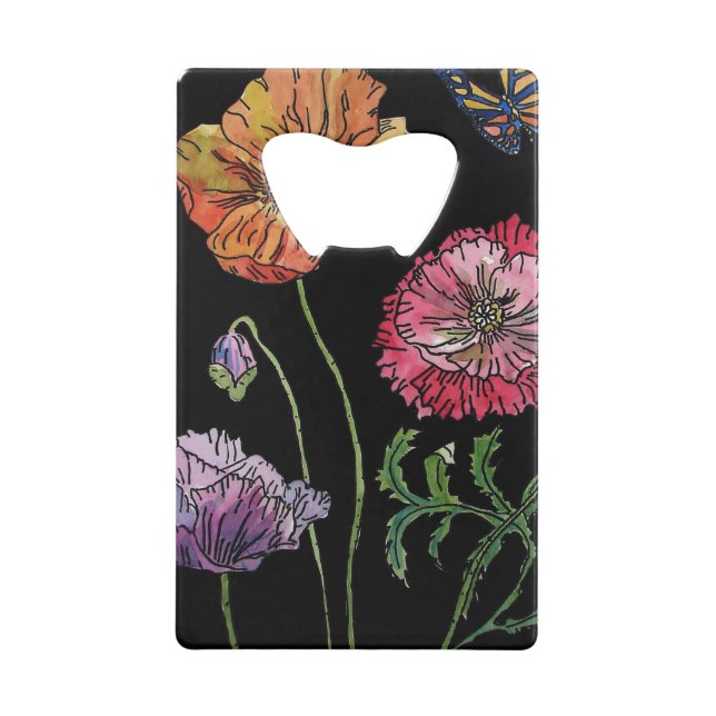 Pretty Poppies on Black Watercolour Painting Credit Card Bottle Opener (Back)