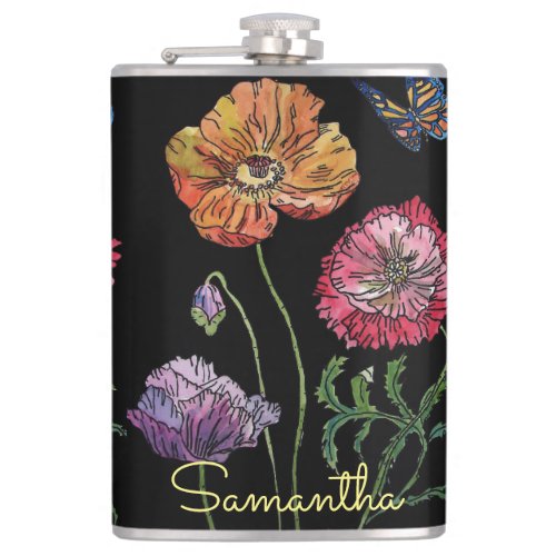 Pretty Poppies on Black Watercolour Painting Flask