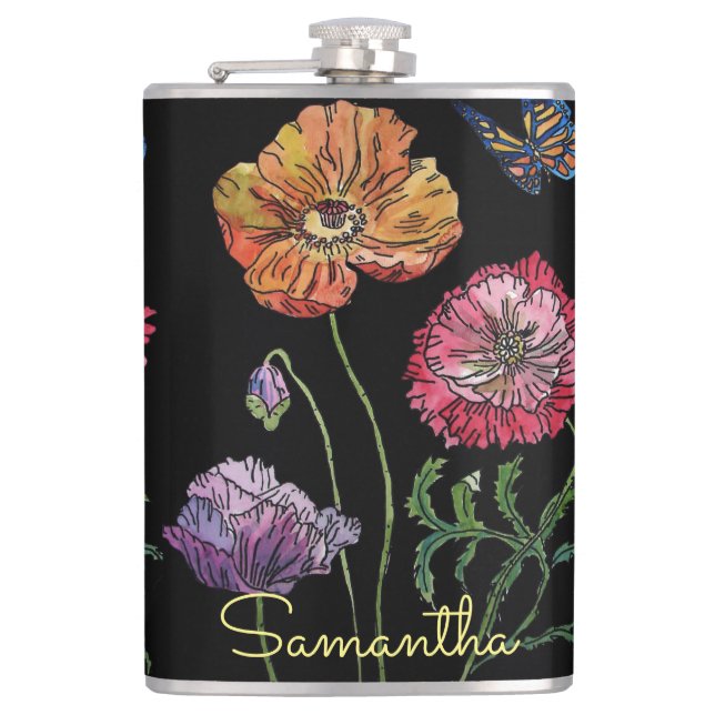 Pretty Poppies on Black Watercolour Painting Flask (Front)
