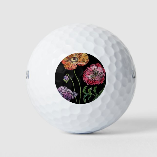 Pretty Poppies on Black Watercolour Painting Golf Balls (Front)