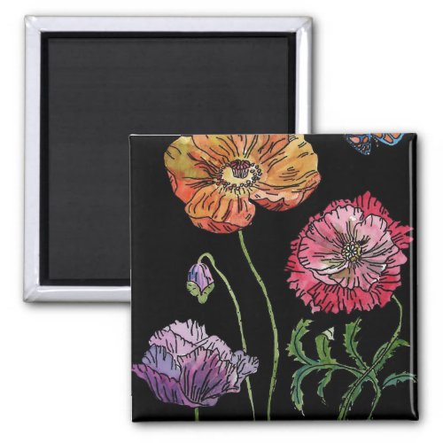 Pretty Poppies on Black Watercolour Painting Magnet
