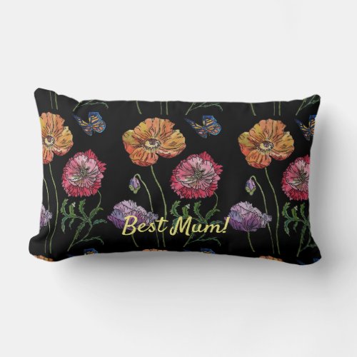 Pretty Poppies on Black Watercolour Painting Mom  Lumbar Pillow