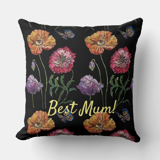 Pretty Poppies on Black Watercolour Painting Mom  Throw Pillow (Front)