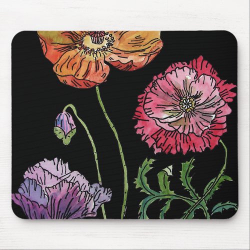 Pretty Poppies on Black Watercolour Painting Mouse Pad