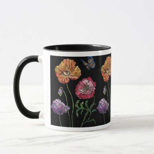 Pretty Poppies on Black Watercolour Painting Mug