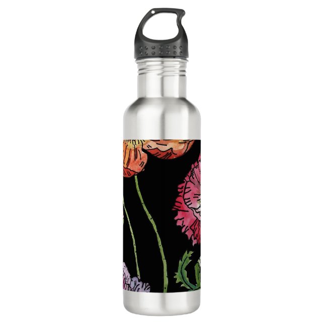 Pretty Poppies on Black Watercolour Painting Stainless Steel Water Bottle (Front)