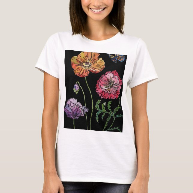 Pretty Poppies on Black Watercolour Painting T-Shirt (Front)