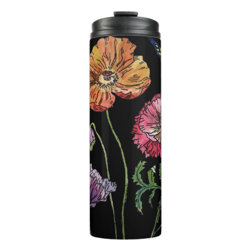 Pretty Poppies on Black Watercolour Painting Therm Thermal Tumbler