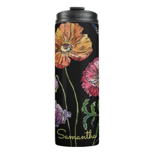 Pretty Poppies on Black Watercolour Painting Thermal Tumbler