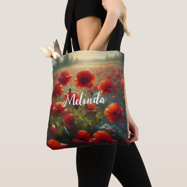 Pretty Poppy Field on a Summer Day Tote Bag (Close Up)