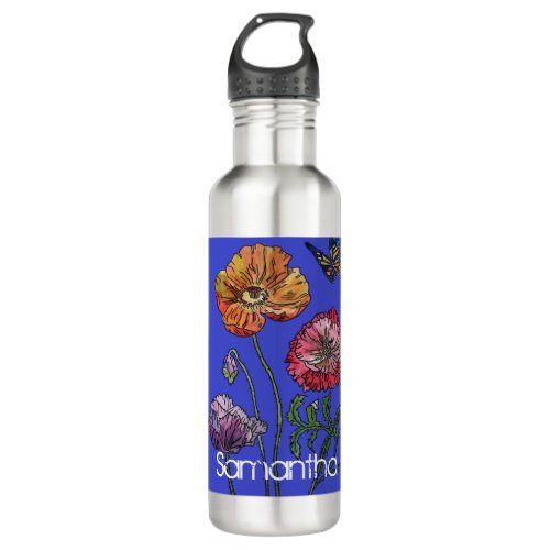 Pretty Poppy floral Watercolor Flower Womans Navy Stainless Steel Water Bottle