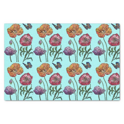 Pretty Poppy Flower Floral Aqua Pattern Watercolor Tissue Paper
