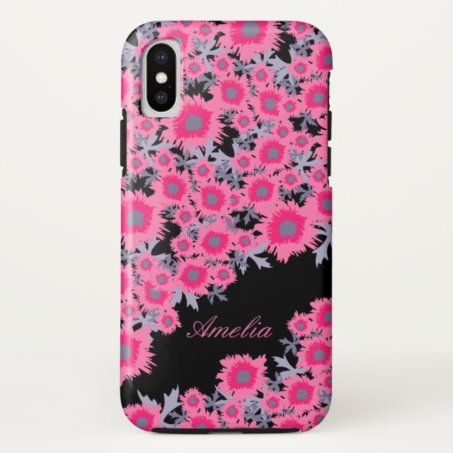 Pretty poppy pink black damask name iphone case (Back)