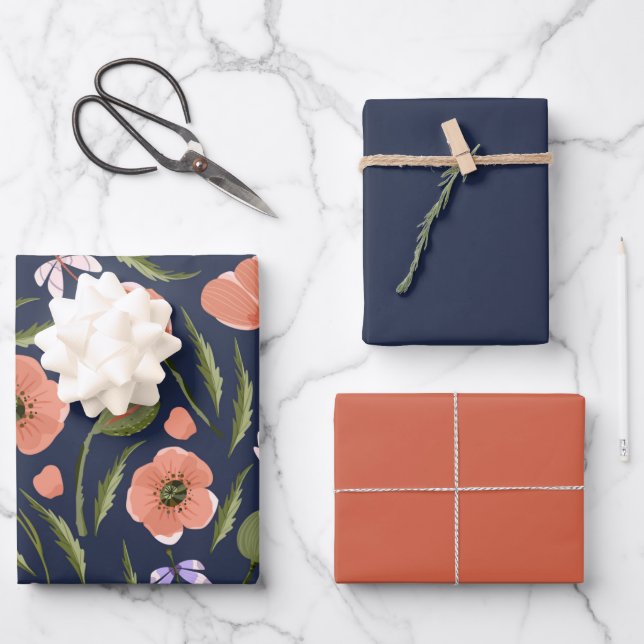 Pretty Poppy Themed Flower Pattern Wrapping Paper Sheets (Front)
