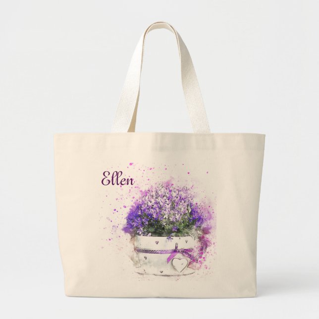 Pretty Pot of Purple Flowers. Feminine Large Tote Bag (Front)