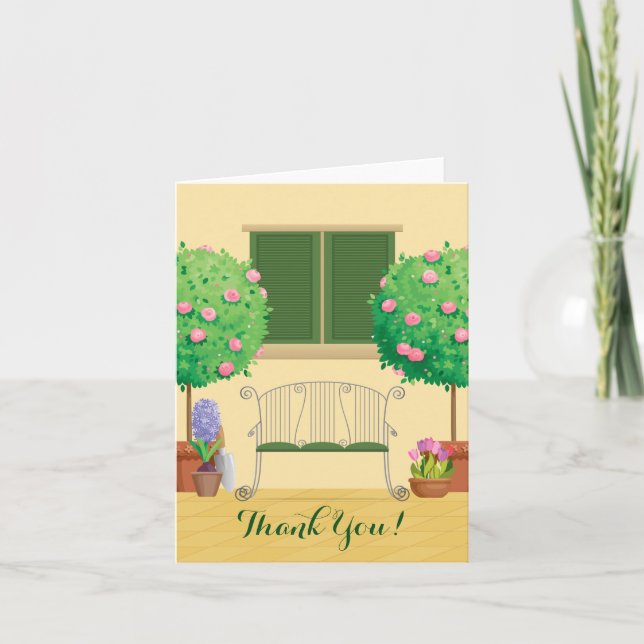 Pretty Potted Garden and Bench Thank You Card (Front)