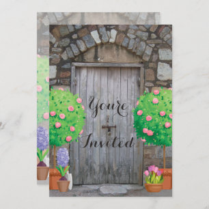 Pretty Potted Garden Old Wood Door Family Reunion Invitation