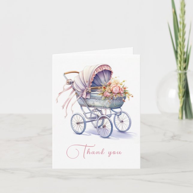 Pretty Pram with Flowers Letterpress Thank You Card (Front)