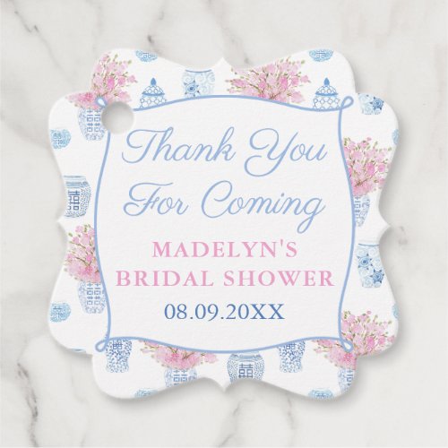Pretty & Preppy Pink Blue Ginger Jar Bridal Shower Favor Tags - Handpainted cherry blossom stems and blue and white ginger jars originally painted in watercolors (by me) then scanned into digital form and turned into a repeating pattern.