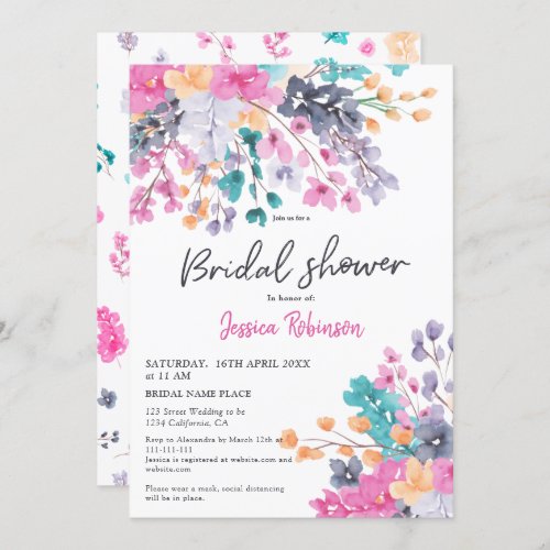 Pretty pressed flowers script chic bridal shower invitation