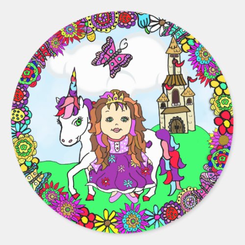 Pretty Princess and Unicorn Castle Classic Round Sticker