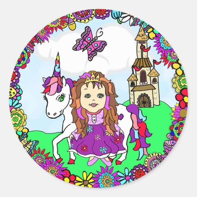 Pretty Princess and Unicorn Castle Classic Round Sticker (Front)