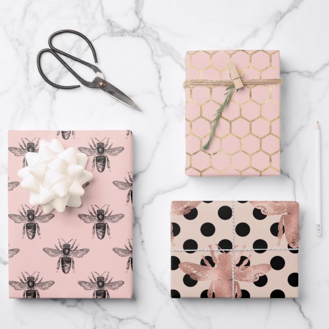 Pretty Princess Bee pink black and gold  Wrapping Paper Sheets (Front)