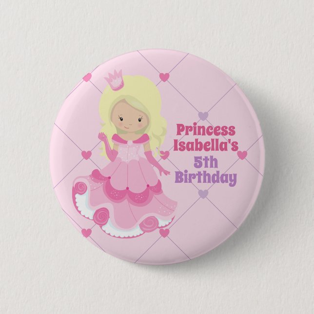 Pretty Princess Birthday Girl Personalized Pink Button (Front)