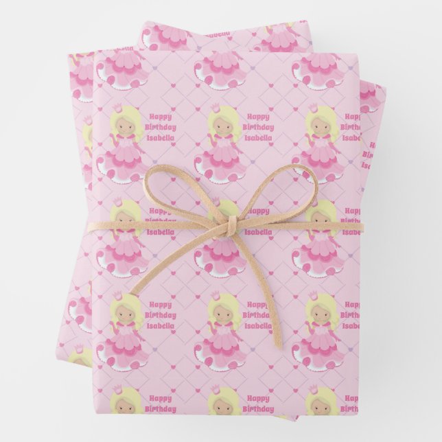 Pretty Princess Birthday Pink Custom Blonde Girls Wrapping Paper Sheets (In situ)