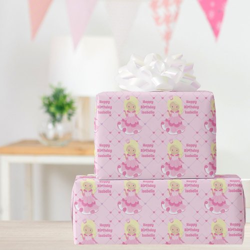 Pretty Princess Girl Happy Birthday Custom Pink Wrapping Paper