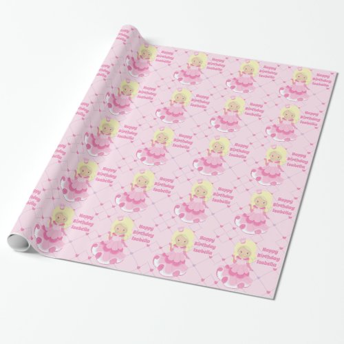 Pretty Princess Girl Happy Birthday Pink Custom Wrapping Paper