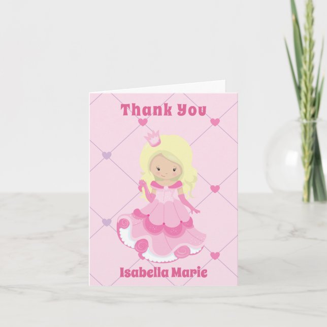 Pretty Princess Girl Pink Personalized Kids Pink Thank You Card (Front)