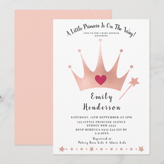 Pretty Princess Gold Crown Pink Baby Shower Invitation (Front/Back)