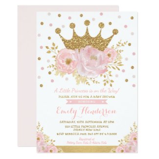 Pretty Princess Gold Crown Pink Floral Baby Shower Invitation